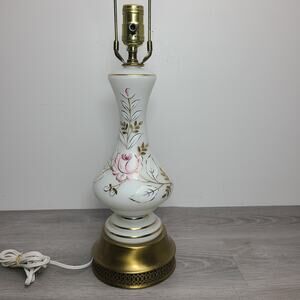 Vintage White Satin Glass Table Boudoir Lamp Hand Painted Pink Flowers Gold Trim